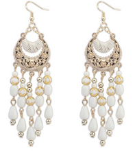 Load image into Gallery viewer, Bohemian long white and gold tear drop earrings
