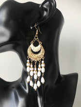 Load image into Gallery viewer, Bohemian long white and gold tear drop earrings
