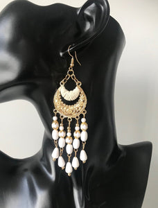 Bohemian long white and gold tear drop earrings