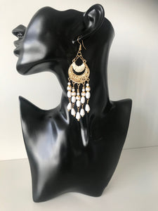Bohemian long white and gold tear drop earrings