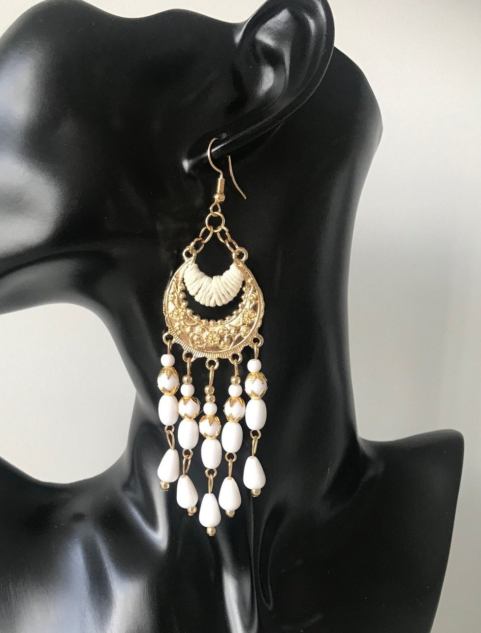 Bohemian long white and gold tear drop earrings